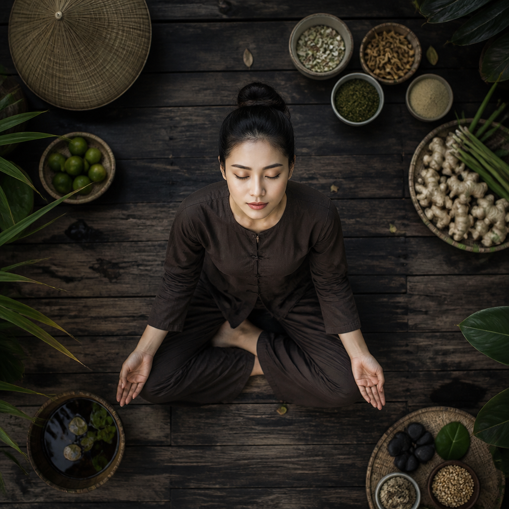 Người phụ nữ đang thiền định, biểu cảm thư thái giúp da khỏe đẹp