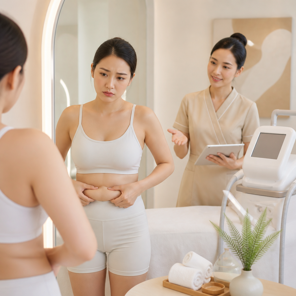 Chuyện Của Hoa: Giữ Vóc Dáng Thon Gọn Và Làn Da Rạng Rỡ Suốt 5 Năm Sau Liệu Trình Spa, người phụ nữ trầm tư nhìn vào gương
