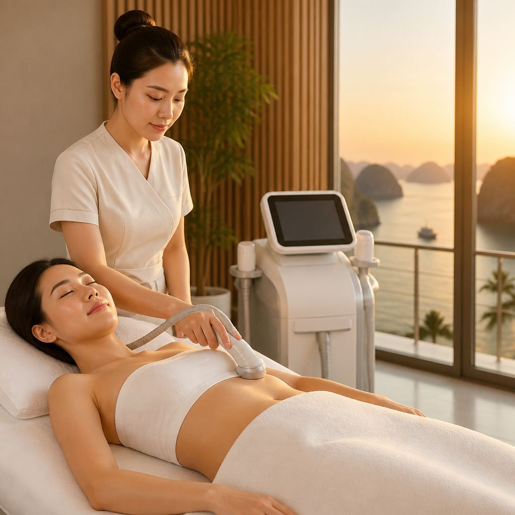Khách hàng đang trải nghiệm liệu trình giảm béo không phẫu thuật tại spa Thu Lâm