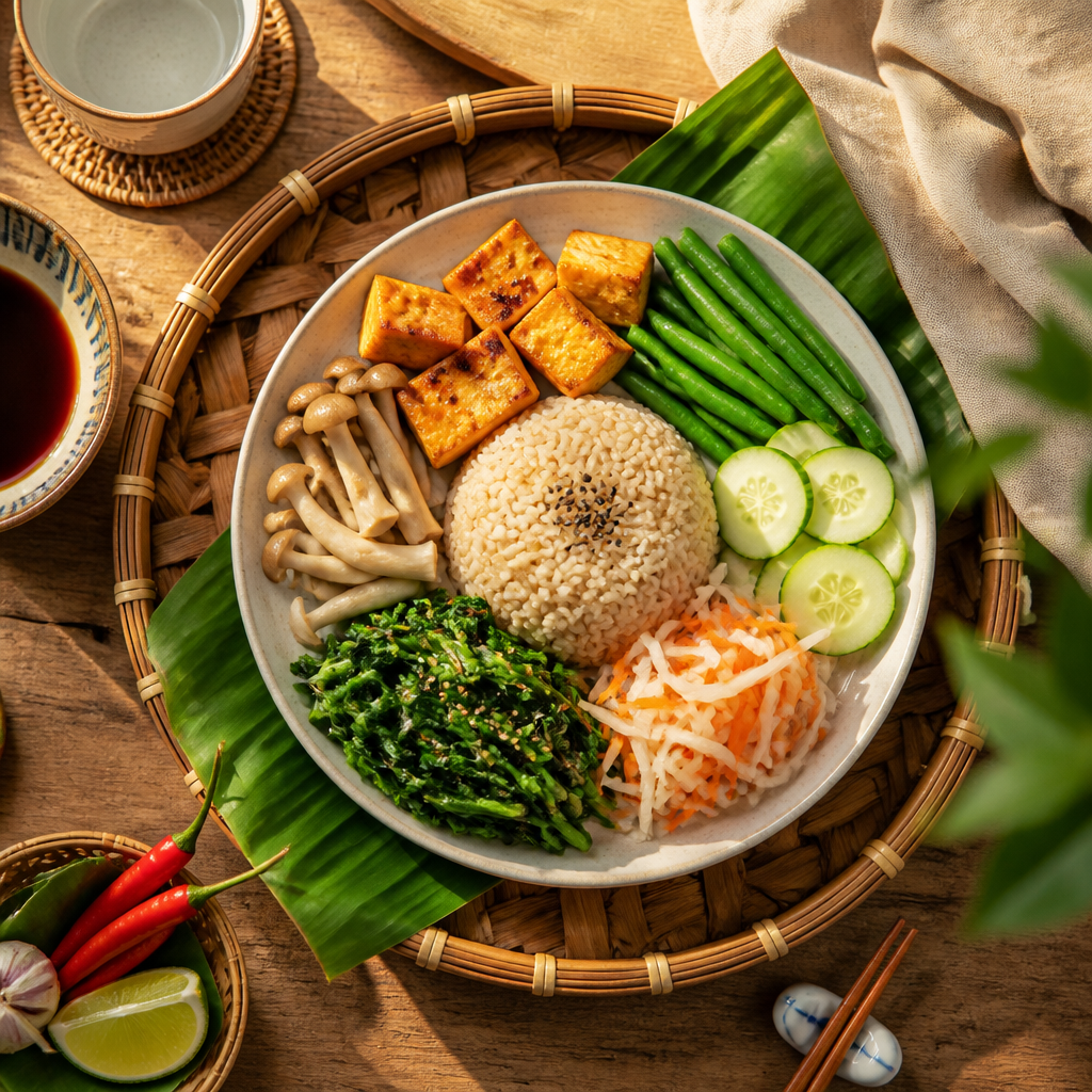 Đĩa thức ăn cân bằng dinh dưỡng gồm rau xanh, thịt nạc và ngũ cốc nguyên hạt