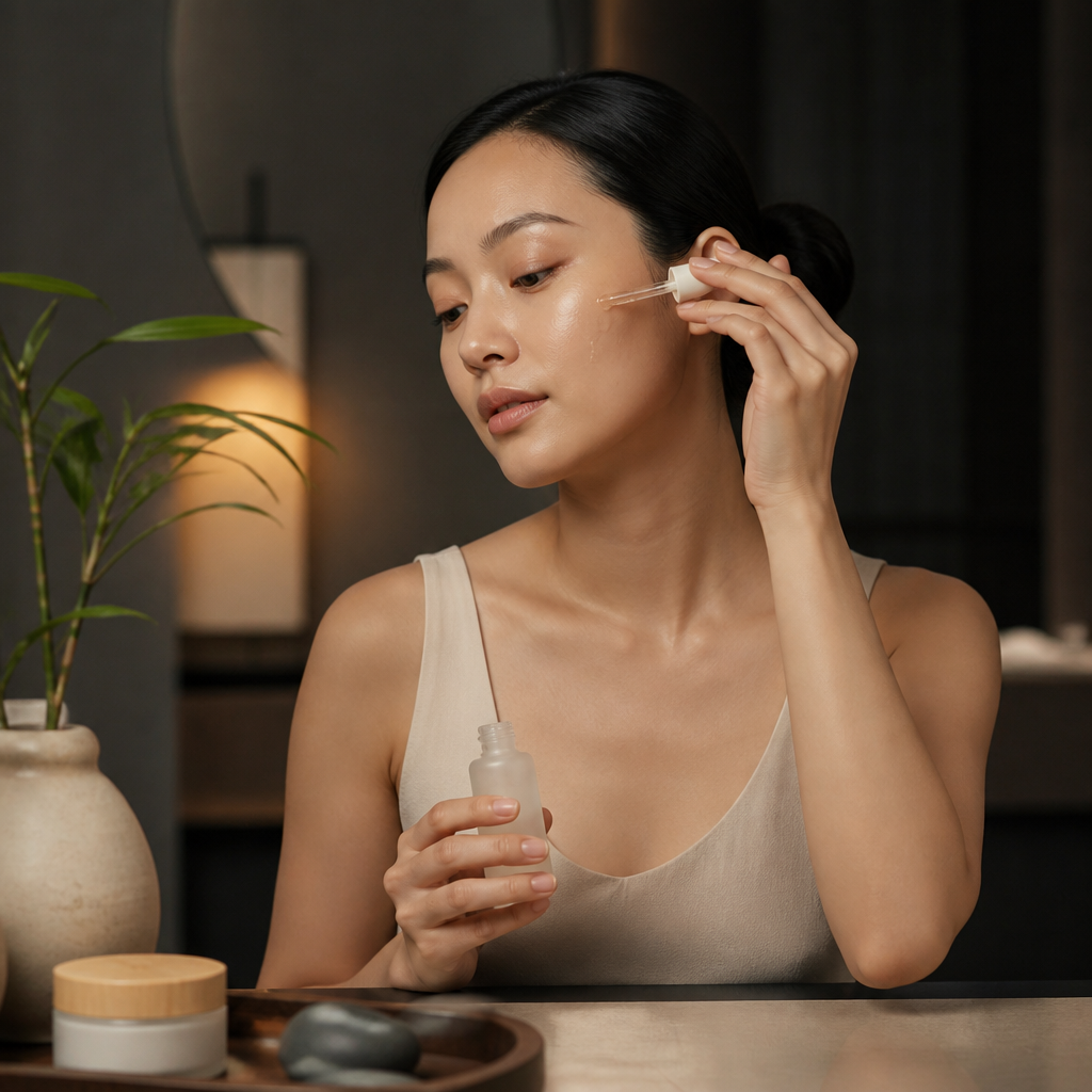 Người phụ nữ đang thoa serum lên mặt trong quy trình chăm sóc da hàng ngày