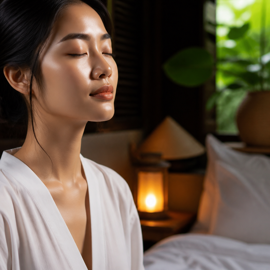 Người phụ nữ đang thiền định trong một không gian yên tĩnh, tượng trưng cho quản lý stress