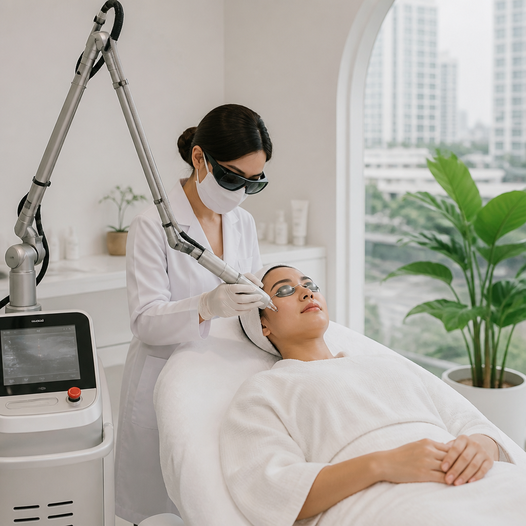 Khách hàng đang trải nghiệm công nghệ chăm sóc da bằng Laser Fractional CO2 tại thẩm mỹ viện.