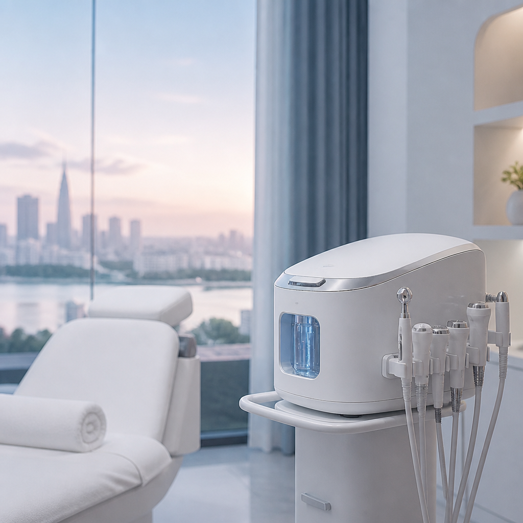 Chuyên viên đang sử dụng máy Oxy Jet để chăm sóc da mặt cho khách hàng.