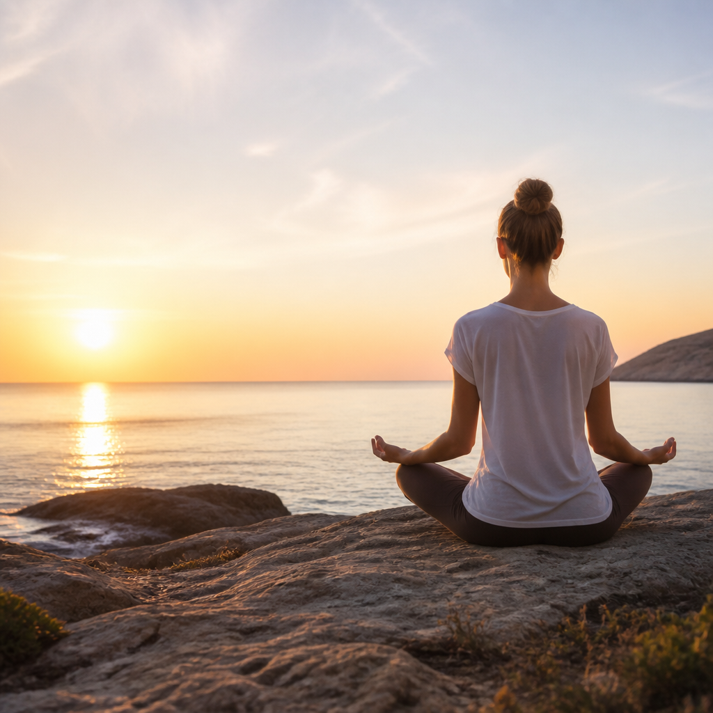 Một người đang thiền định trong tư thế yoga, tượng trưng cho liệu pháp thư giãn tinh thần giúp cải thiện làn da và sức khỏe.
