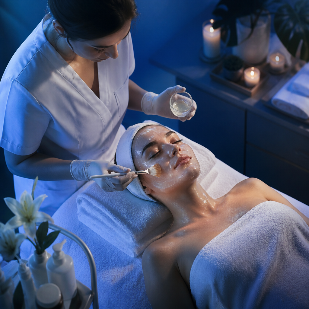 Một kỹ thuật viên đang thực hiện liệu trình chăm sóc da mặt chuyên sâu tại Thẩm Mỹ Thu Lâm, tập trung vào việc detox và làm sạch da.