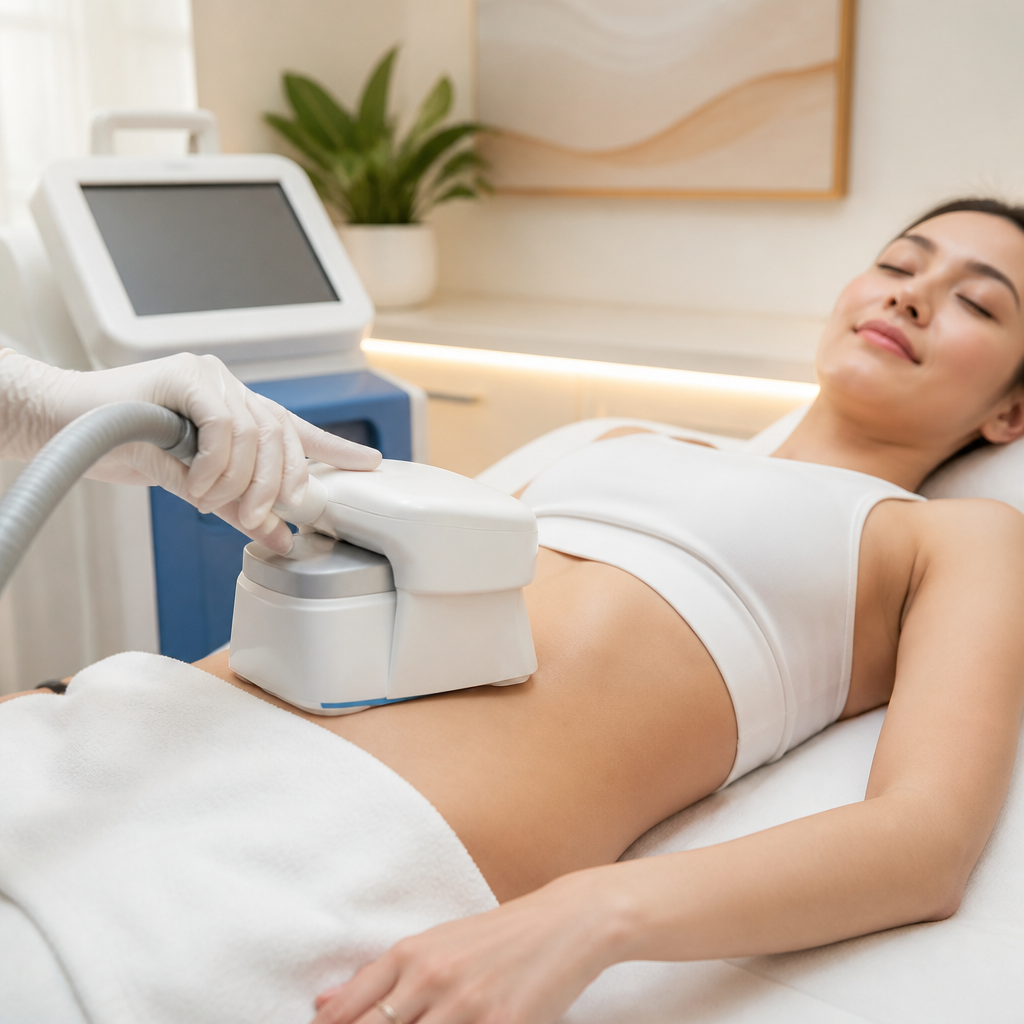 Thiết bị CoolSculpting đang thực hiện đông hủy mỡ trên vùng bụng