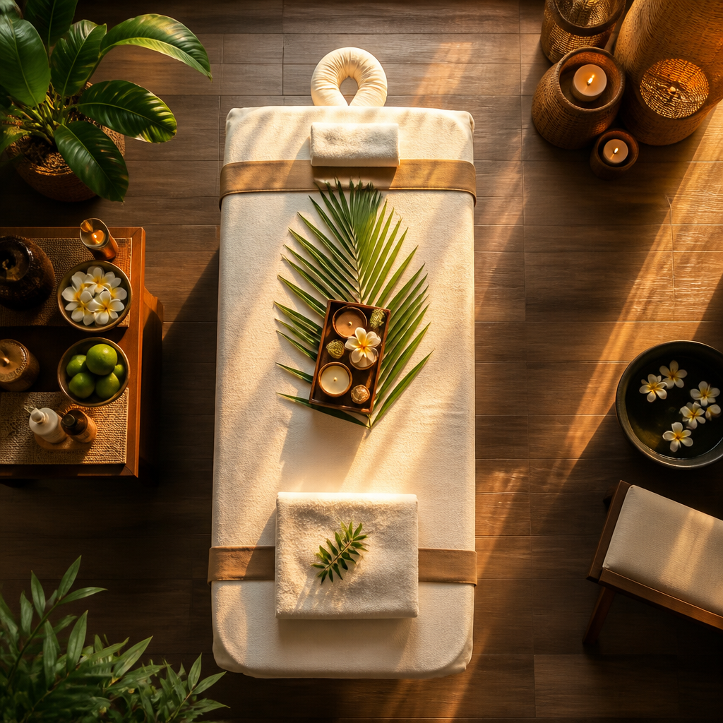 Phòng trị liệu spa với các yếu tố thiên nhiên, đèn nến và tinh dầu