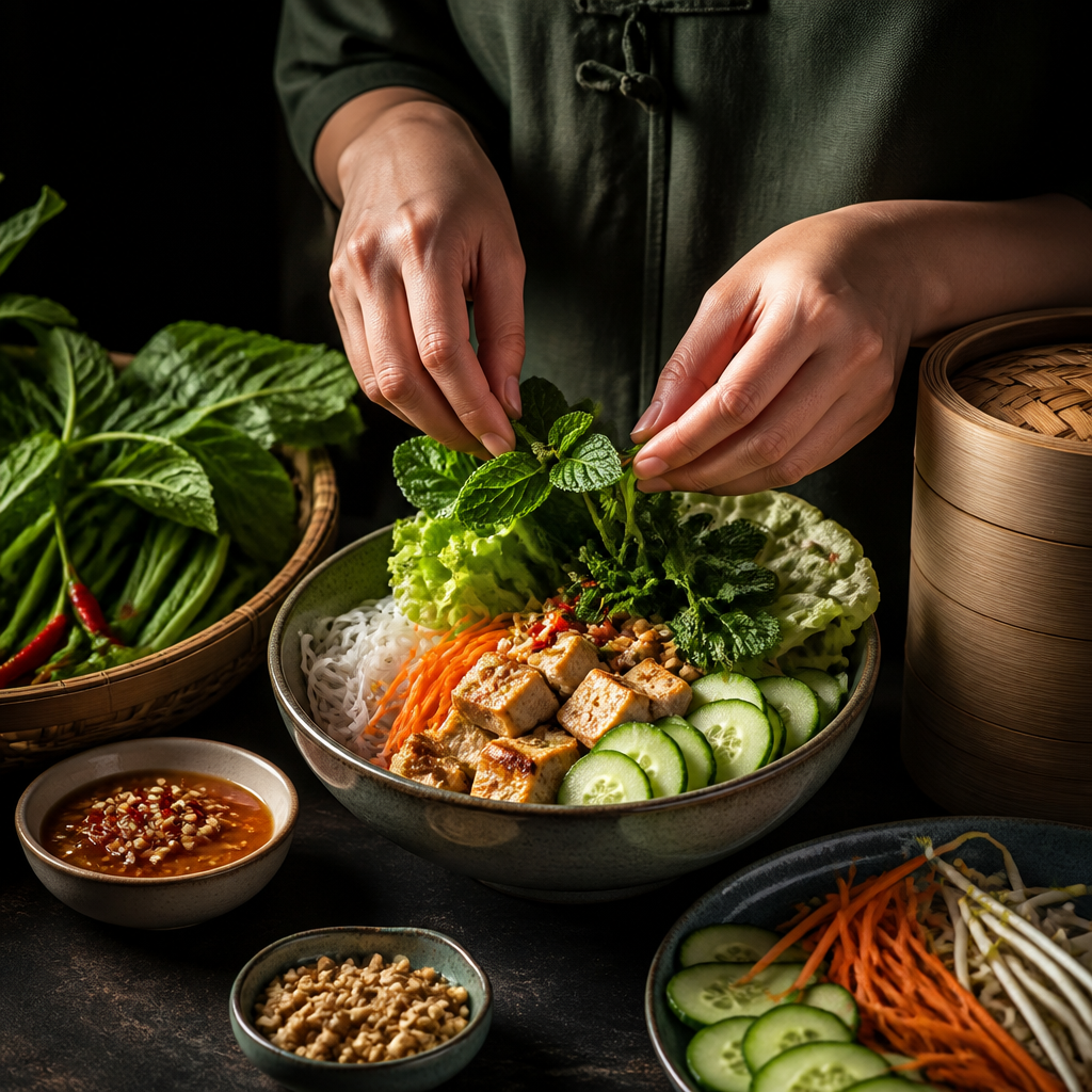 Bàn ăn với các món ăn lành mạnh, nhiều rau xanh và hoa quả tươi