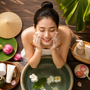 Người phụ nữ đang nhẹ nhàng rửa mặt bằng sữa rửa mặt, chuẩn bị cho liệu trình spa.