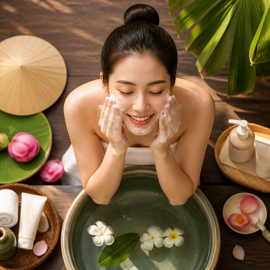 Người phụ nữ đang nhẹ nhàng rửa mặt bằng sữa rửa mặt, chuẩn bị cho liệu trình spa.