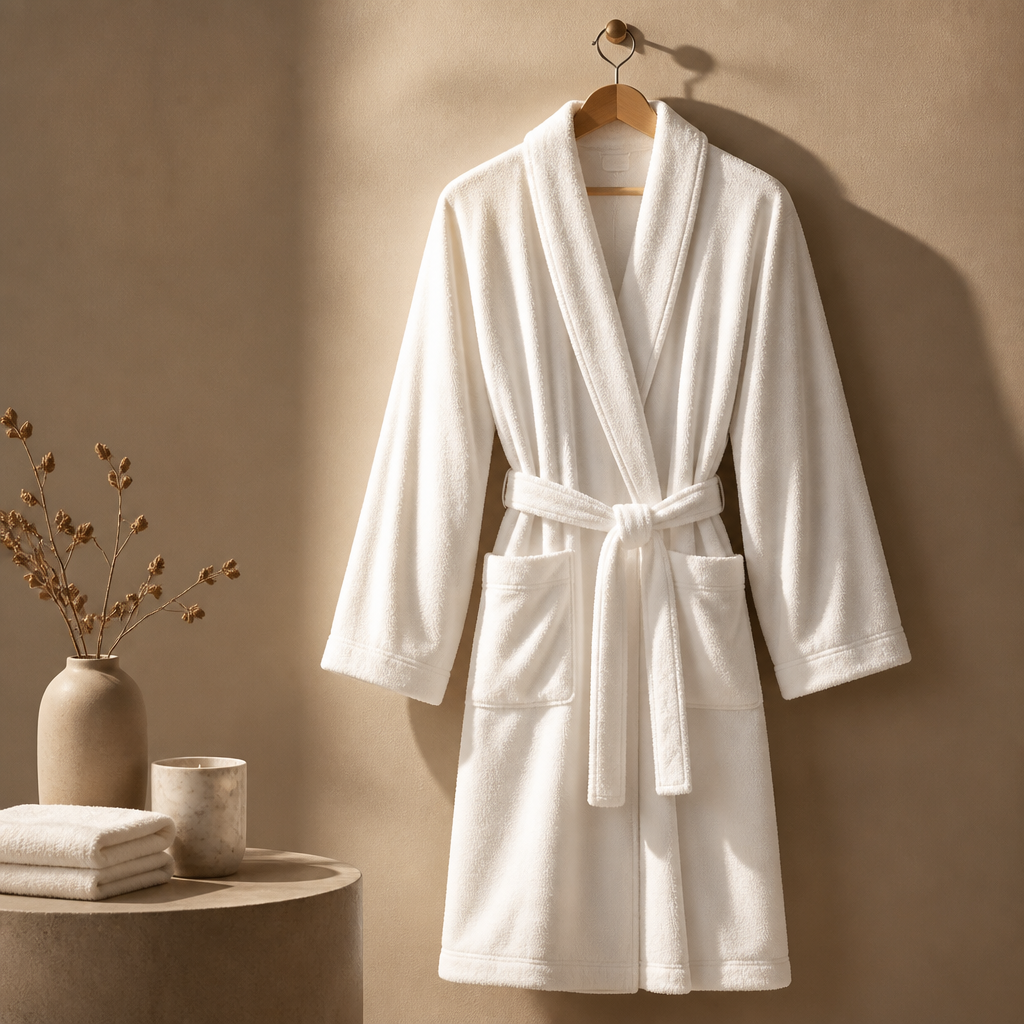 Một chiếc áo choàng spa màu trắng mềm mại và thoải mái đang được treo sẵn.