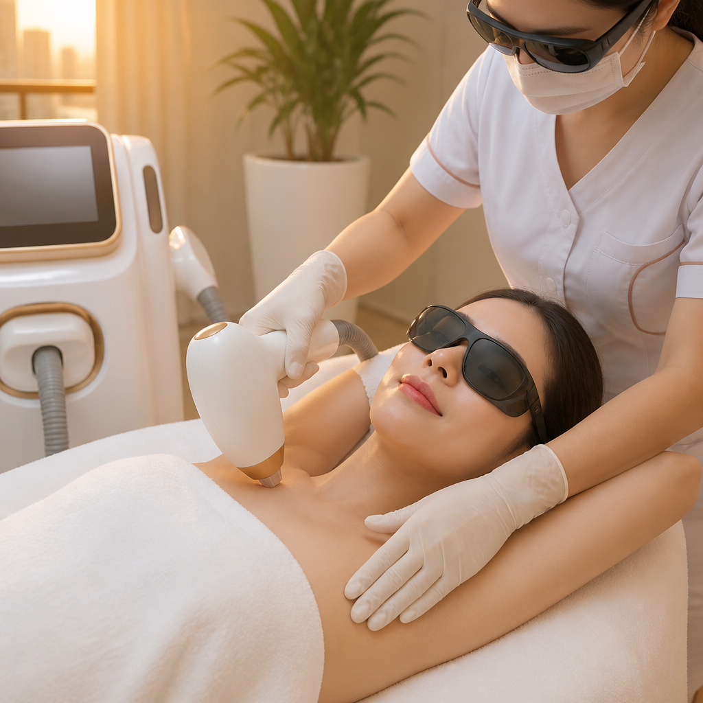 Chuyên viên đang thực hiện liệu trình triệt lông bằng máy laser trên vùng da chân của khách hàng.
