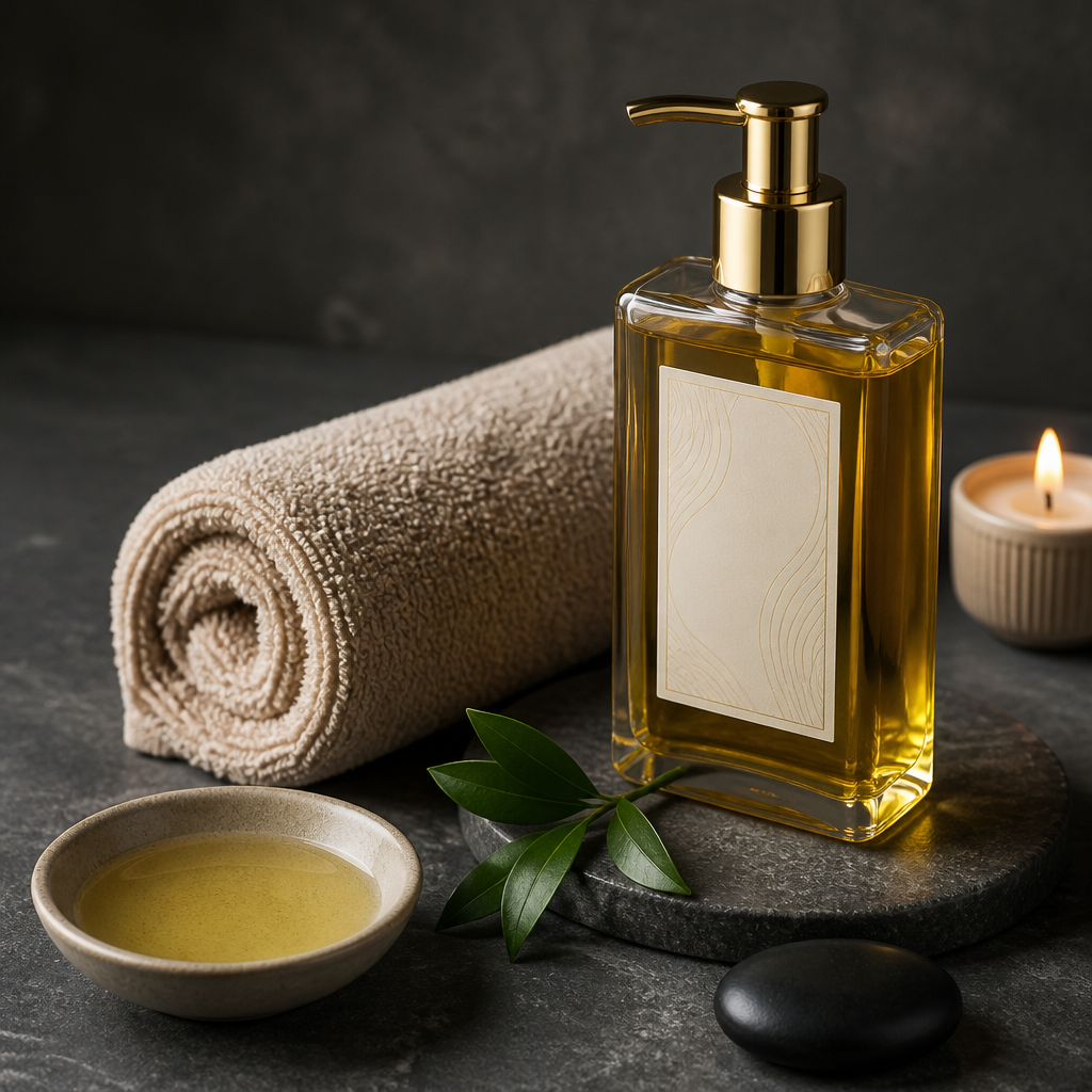 Một chai dầu massage đặt cạnh khăn bông mềm trên giường trị liệu spa, tạo không gian thư giãn.