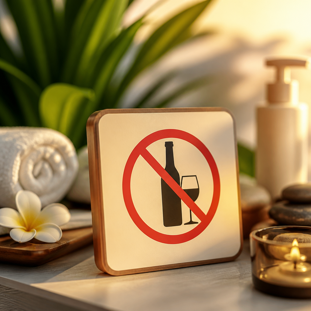Biển cấm uống rượu bia được đặt rõ ràng trên một quầy bar, nhắc nhở về những điều cần tránh.