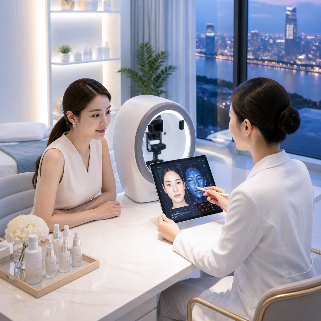Chuyên gia thẩm mỹ đang sử dụng thiết bị AI để chẩn đoán tình trạng da mặt của khách hàng tại spa