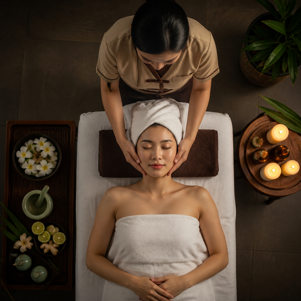 Phòng trị liệu da mặt sang trọng tại spa, với giường nằm và các thiết bị chăm sóc da