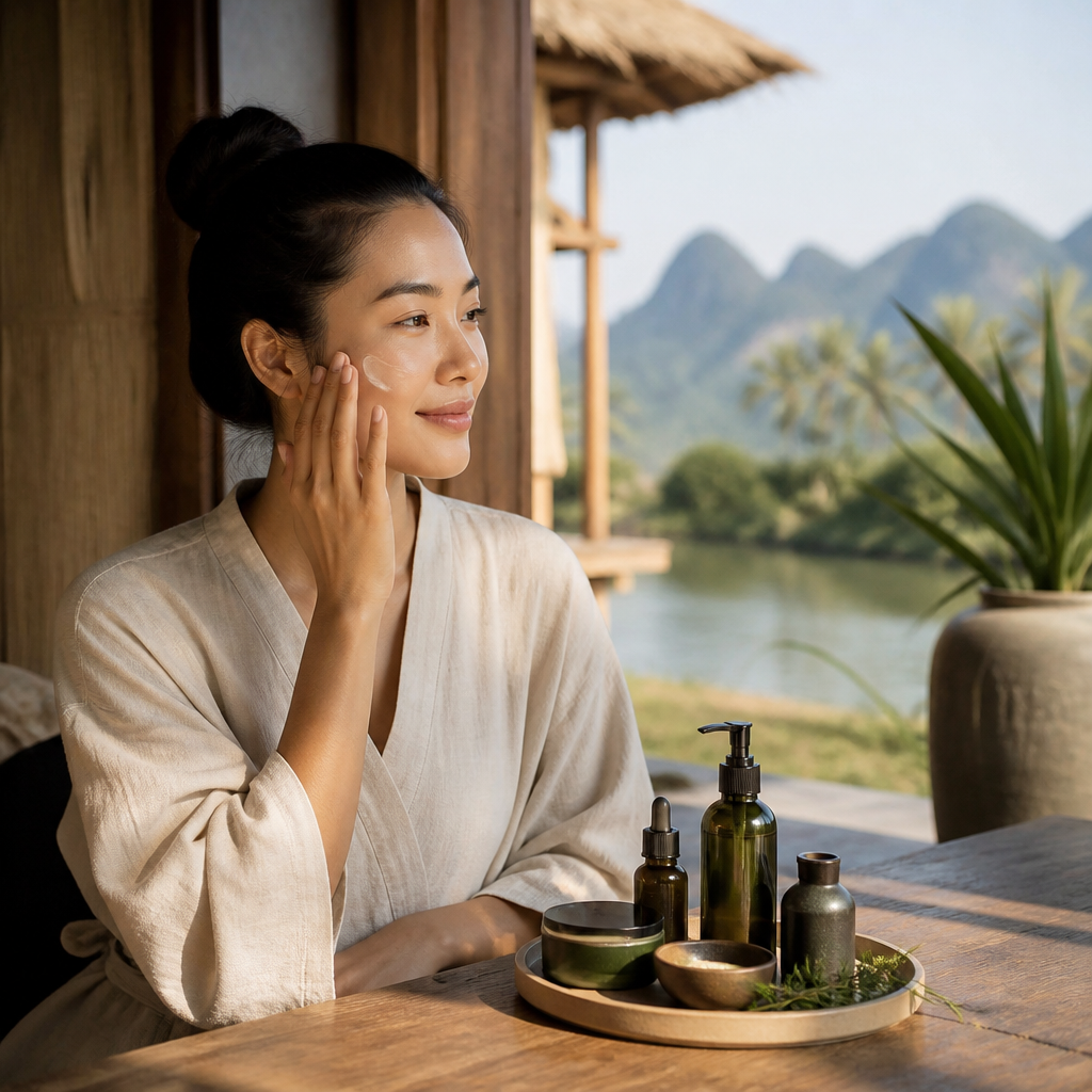 Người phụ nữ đang nhẹ nhàng thoa mỹ phẩm an toàn chiết xuất thiên nhiên lên da mặt