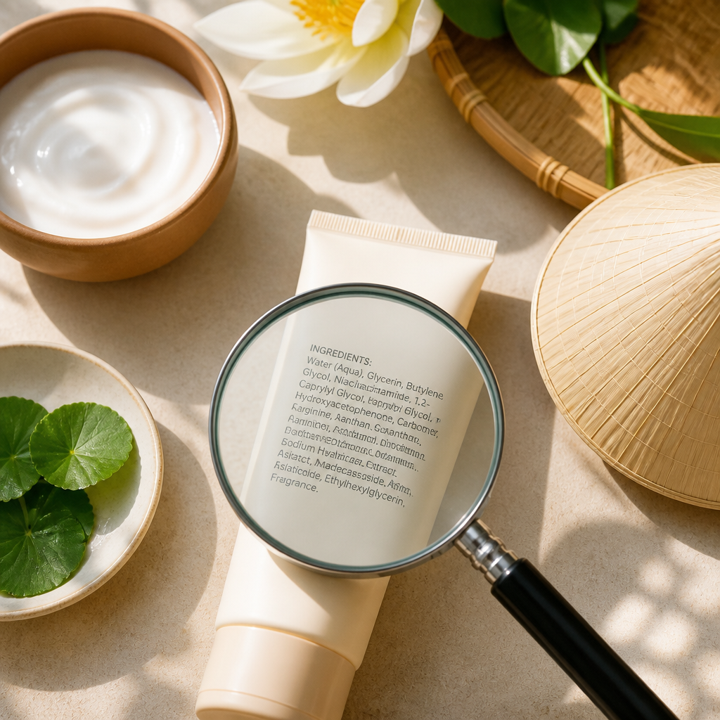 Người phụ nữ dùng kính lúp đọc nhãn mác thành phần mỹ phẩm