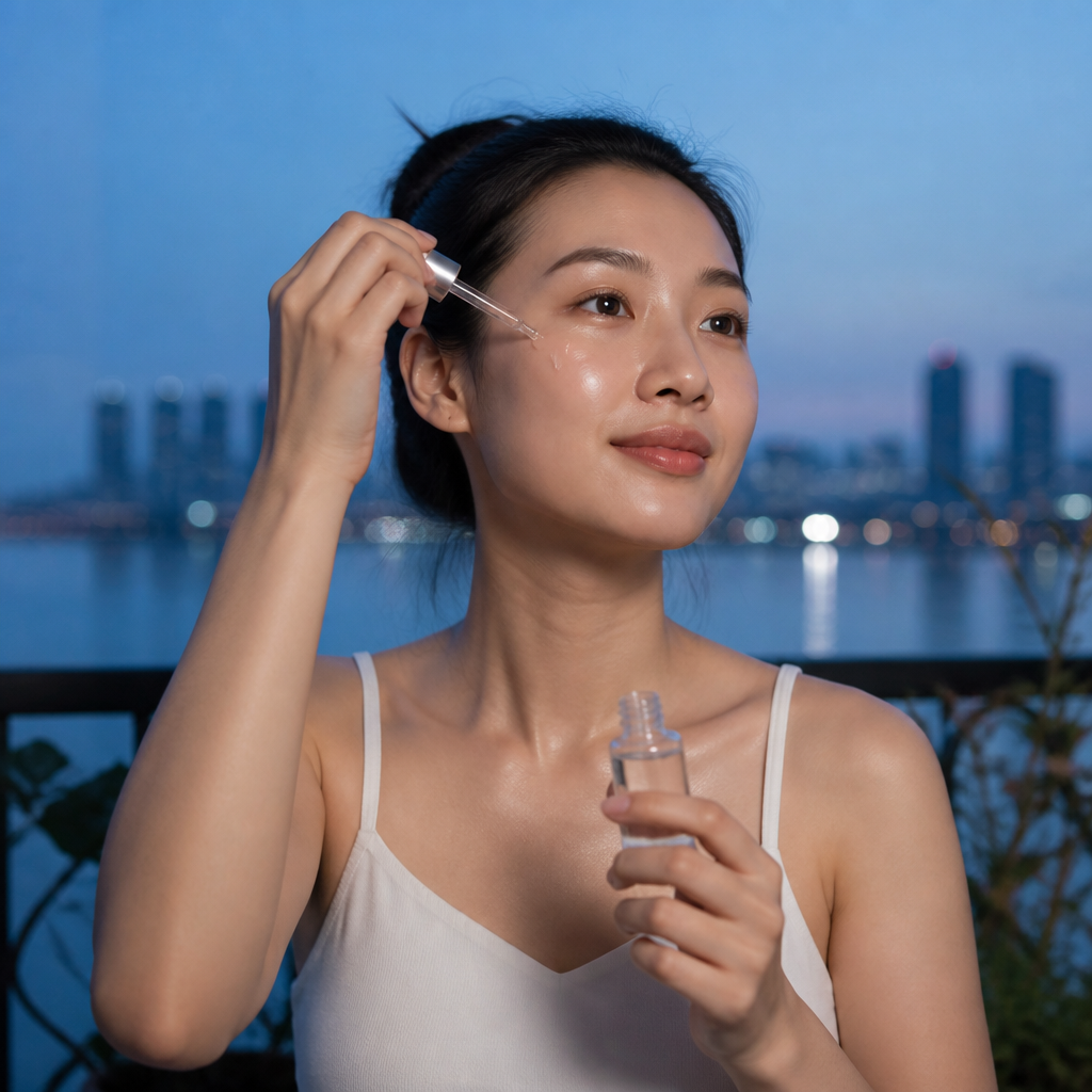 Người phụ nữ đang nhỏ serum thiên nhiên lên mặt để chăm sóc da tự nhiên