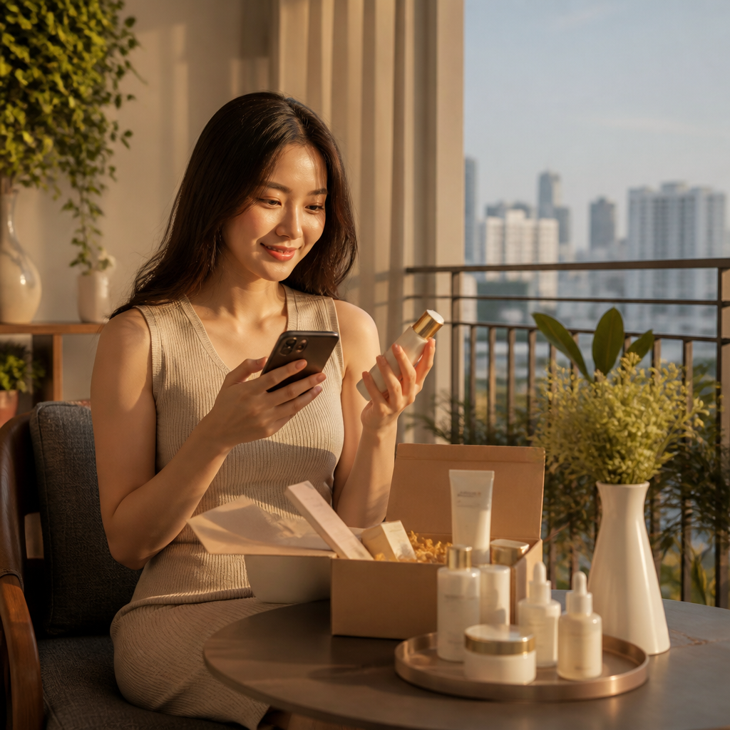 Người dùng đang mua sắm sản phẩm chăm sóc da trực tuyến.