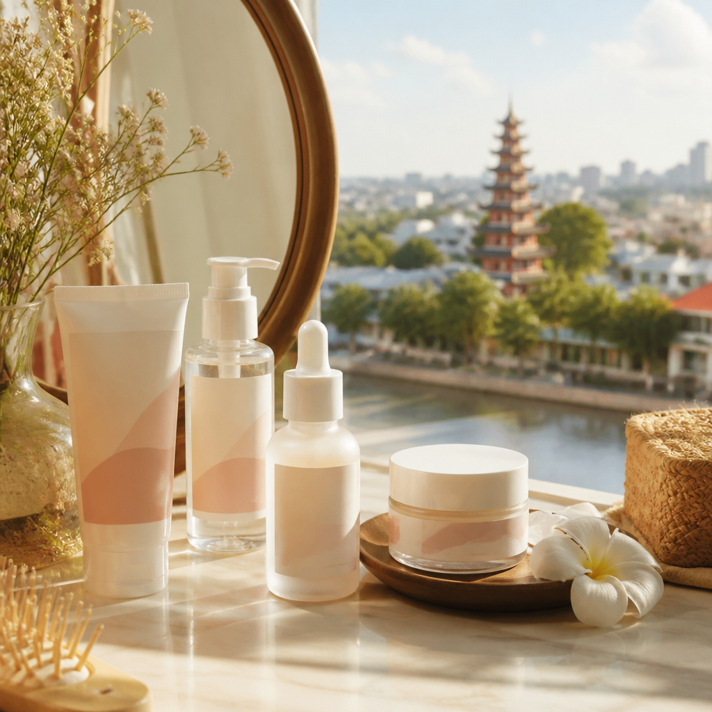 Mỹ phẩm thiên nhiên được bảo quản đúng cách trên bàn trang điểm.