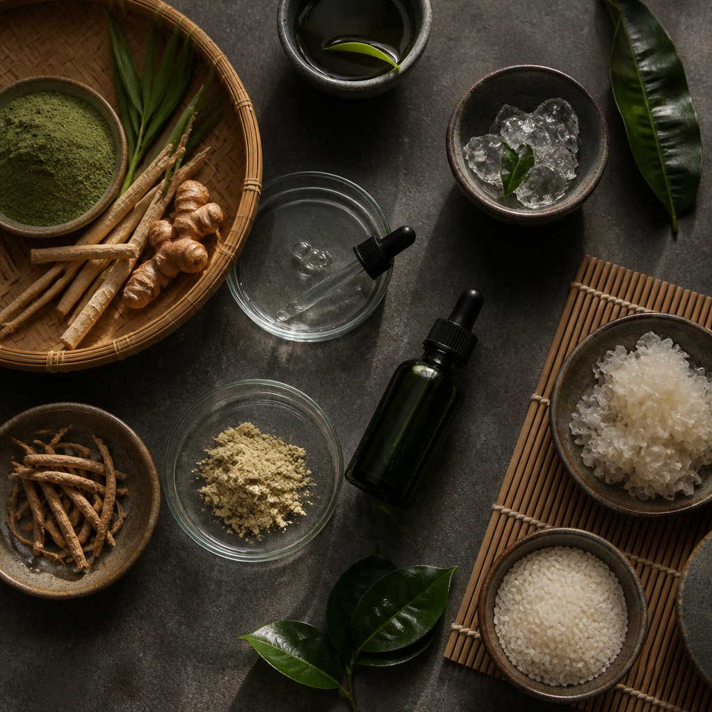 Các chai serum và kem dưỡng chứa thành phần hoạt tính mới trên nền hoa lá