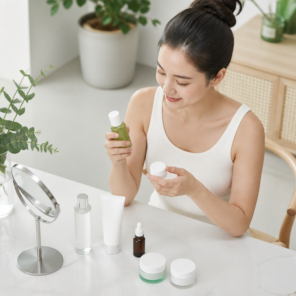 Một người phụ nữ đang thực hiện quy trình chăm sóc da hàng ngày với các sản phẩm mỹ phẩm