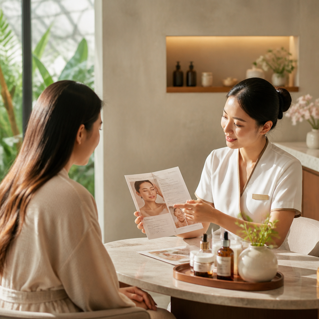 Chuyên viên spa đang tư vấn tận tình cho khách hàng về liệu trình chăm sóc da mặt, thể hiện sự chuyên nghiệp và minh bạch trong dịch vụ.