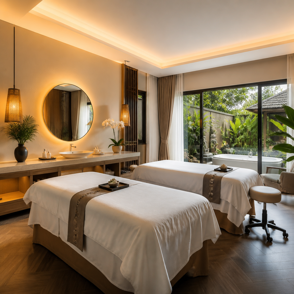 Một phòng trị liệu spa hiện đại với giường massage êm ái, ánh sáng nhẹ nhàng và hương thơm dễ chịu, tạo cảm giác thư thái.