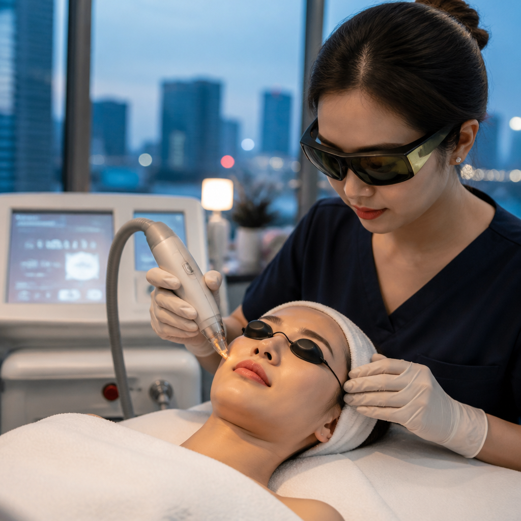 Khách hàng đang trải nghiệm liệu pháp chăm sóc da bằng công nghệ laser tiên tiến, với ánh sáng màu xanh dịu nhẹ, dưới sự giám sát của chuyên gia.
