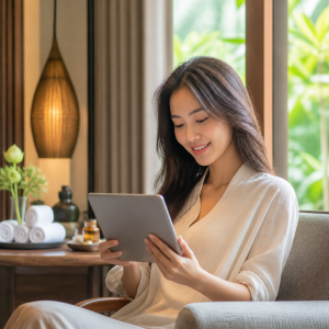 Một phụ nữ đang đọc các đánh giá về spa và thẩm mỹ Thu Lâm trên máy tính bảng