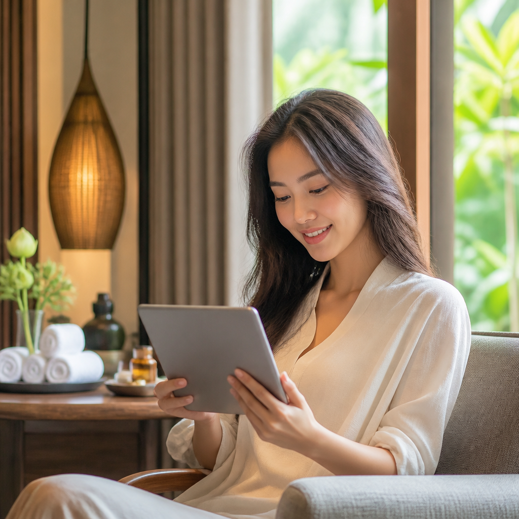 Một phụ nữ đang đọc các đánh giá về spa và thẩm mỹ Thu Lâm trên máy tính bảng