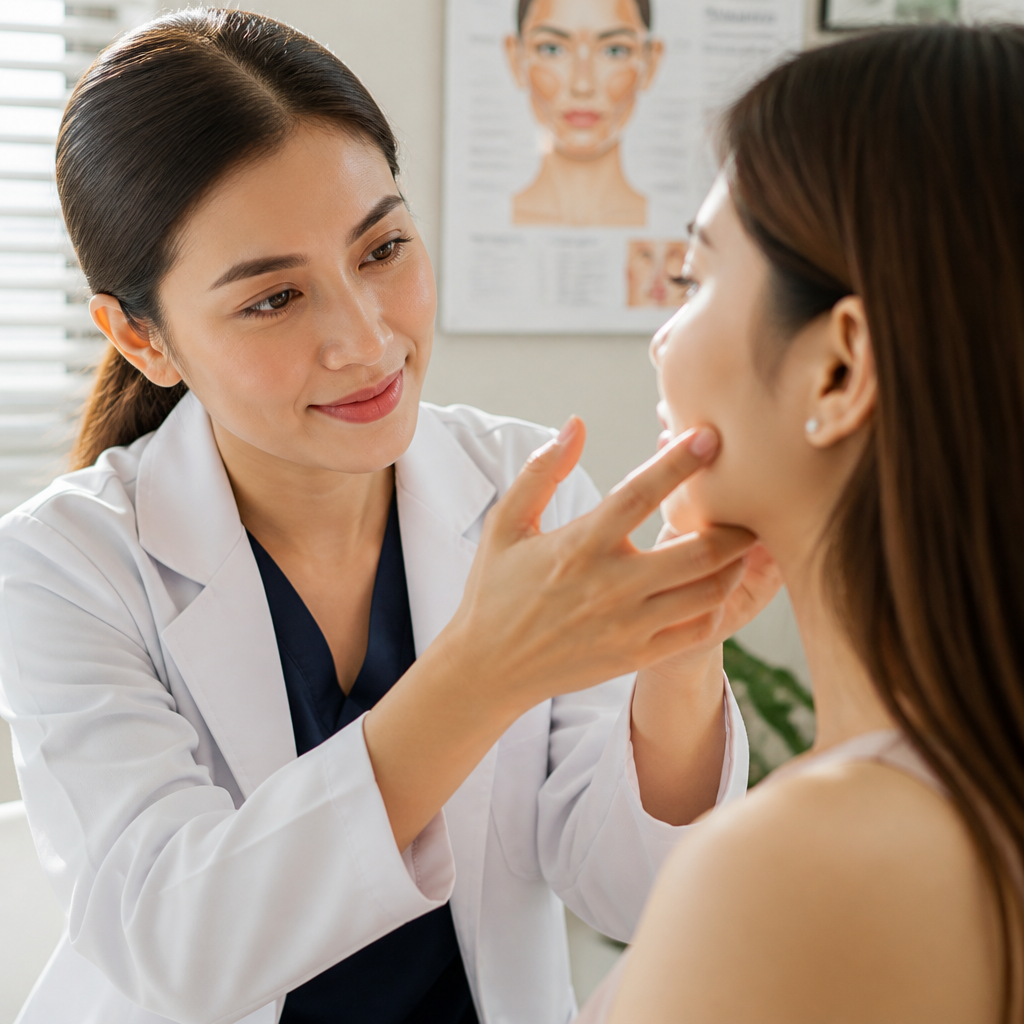 Chuyên gia thẩm mỹ đang tư vấn cho khách hàng về giấy phép và quy trình làm đẹp