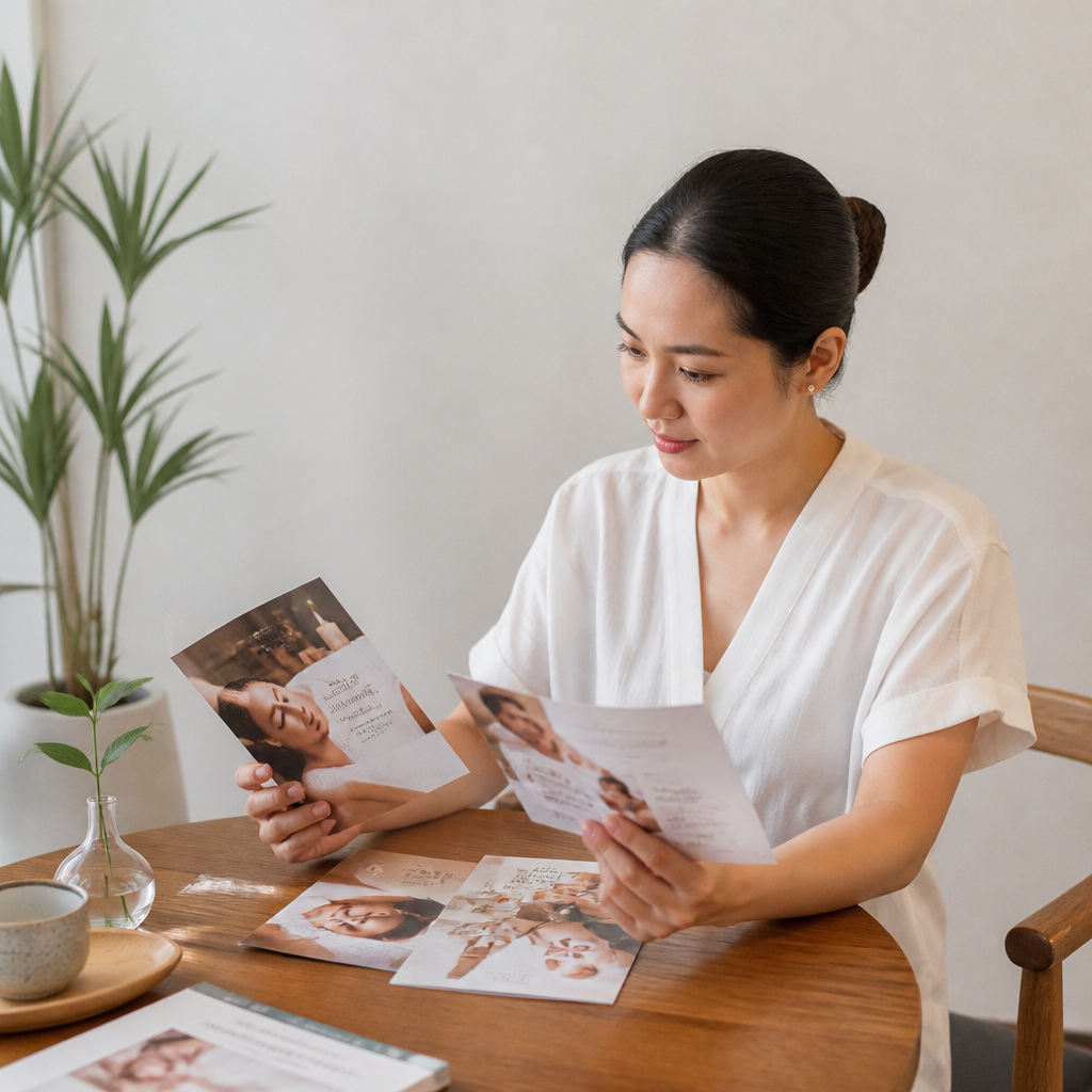 Người phụ nữ đang so sánh các tờ rơi dịch vụ làm đẹp từ nhiều spa và viện thẩm mỹ