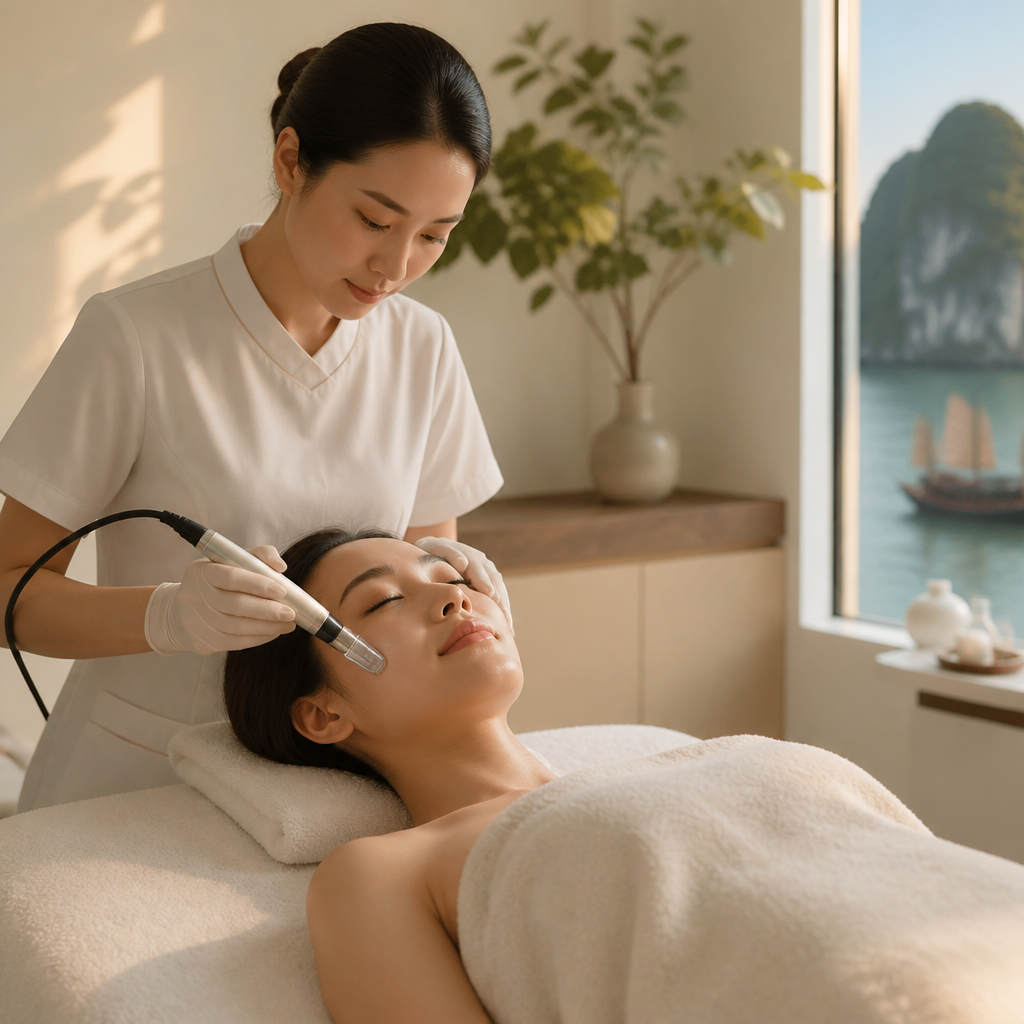 Chuyên viên Thẩm mỹ Thu Lâm thực hiện liệu trình chăm sóc da mặt chuyên sâu cho khách hàng, sử dụng các thiết bị hiện đại và sản phẩm cao cấp.
