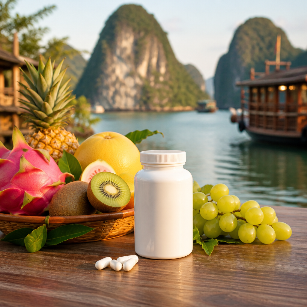 Các loại thuốc giảm béo được đặt cạnh trái cây tươi và rau xanh