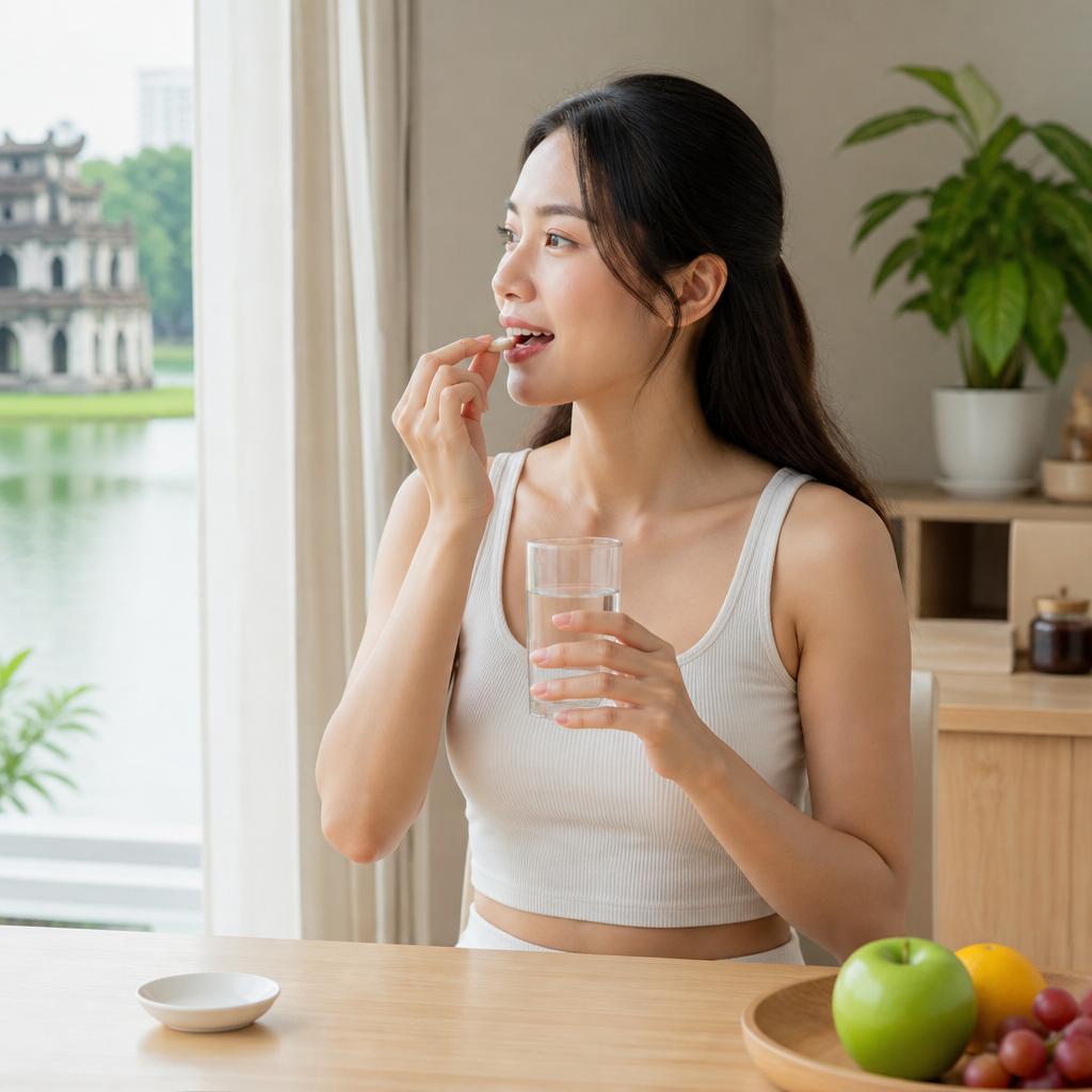 Người phụ nữ đang uống thuốc với ly nước lọc