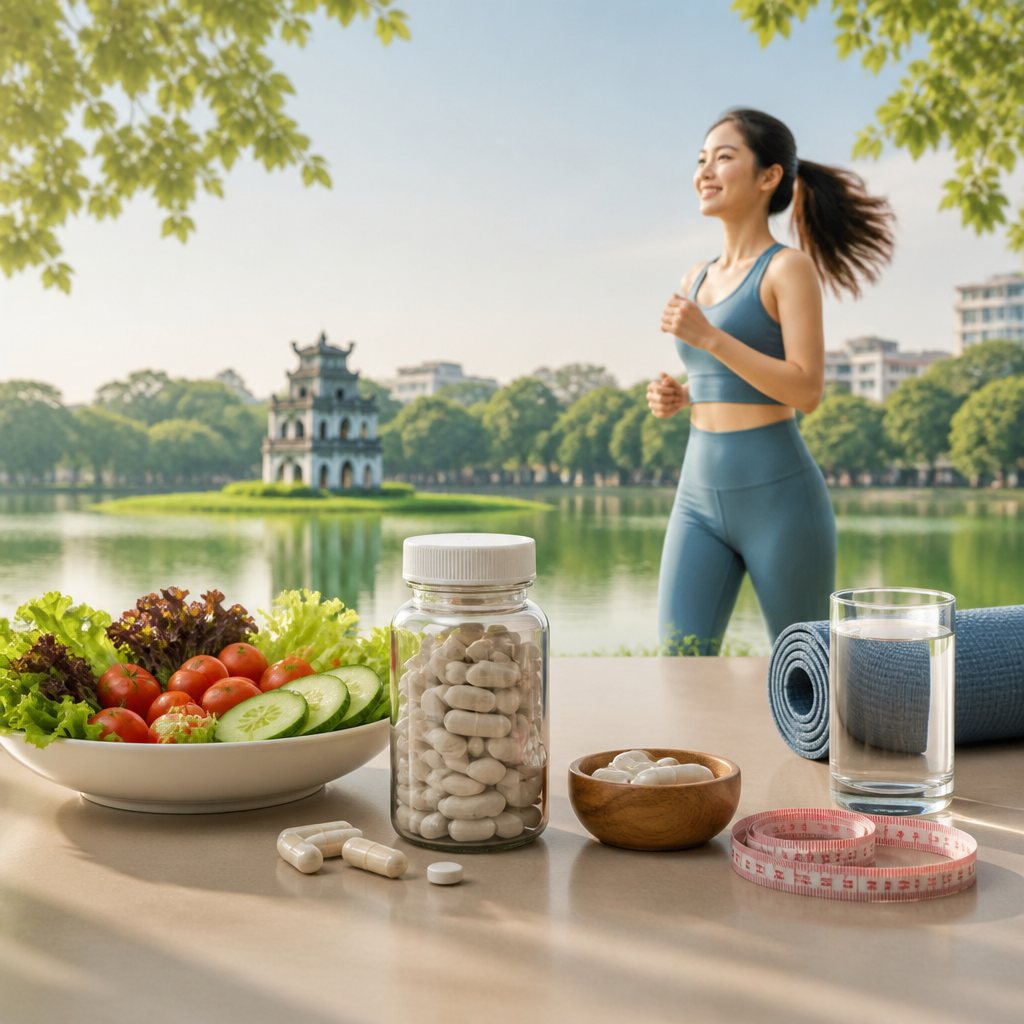 Thực phẩm lành mạnh và dụng cụ tập thể dục trên bàn