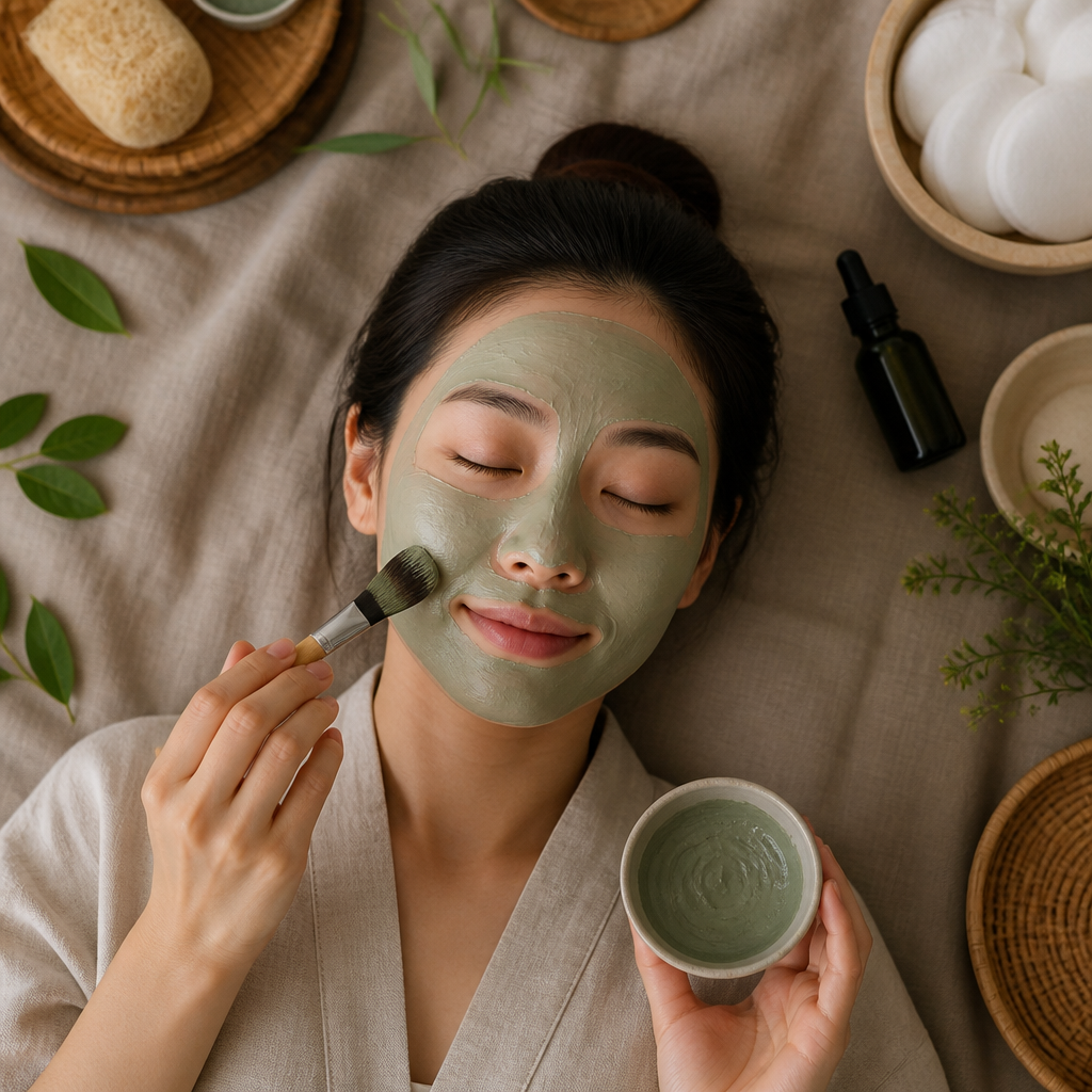 Người phụ nữ đang chăm sóc da mặt tại nhà với mặt nạ dưỡng da, thể hiện tinh thần tự chủ trong việc làm đẹp và tiết kiệm chi phí.