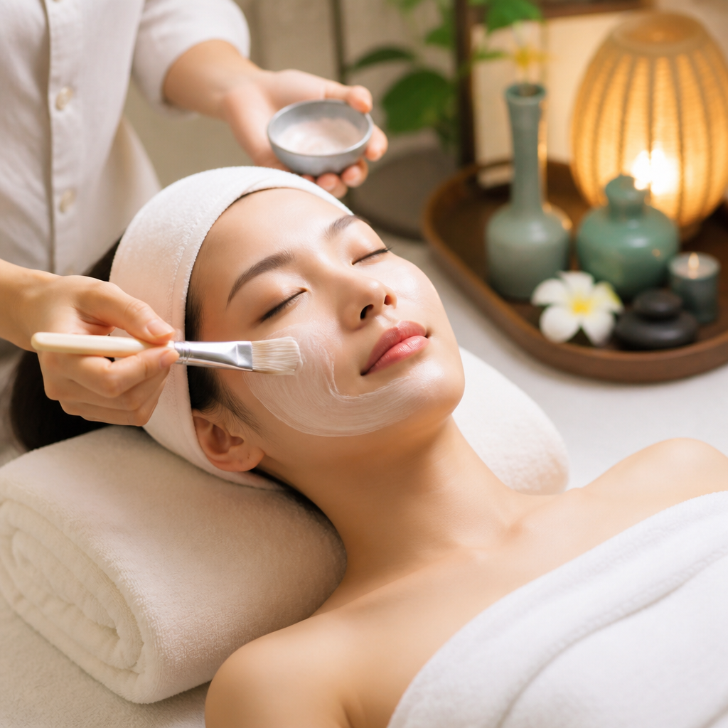 Kỹ thuật viên đang thực hiện liệu trình chăm sóc da mặt chuyên sâu cho khách hàng tại spa, minh họa dịch vụ chất lượng cao.