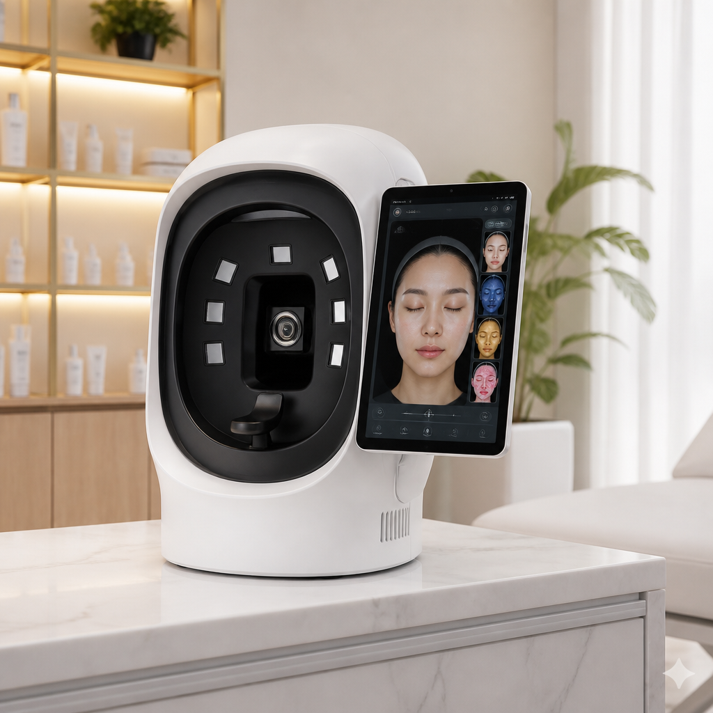 Thiết bị chẩn đoán da bằng công nghệ AI hiện đại, giúp phân tích sâu sắc tình trạng da để đưa ra liệu trình chăm sóc cá nhân hóa.