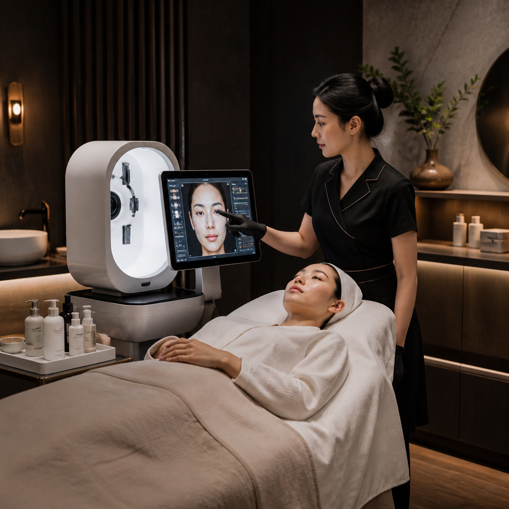 Chuyên gia phân tích tình trạng da cho khách hàng trước khi điều trị