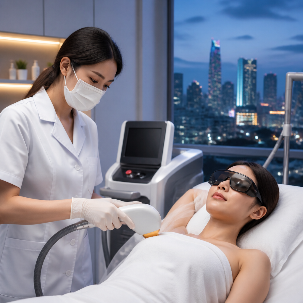 Hình ảnh một người phụ nữ đang kiểm tra vùng da sau khi triệt lông giá rẻ có dấu hiệu mẩn đỏ, viêm nhiễm