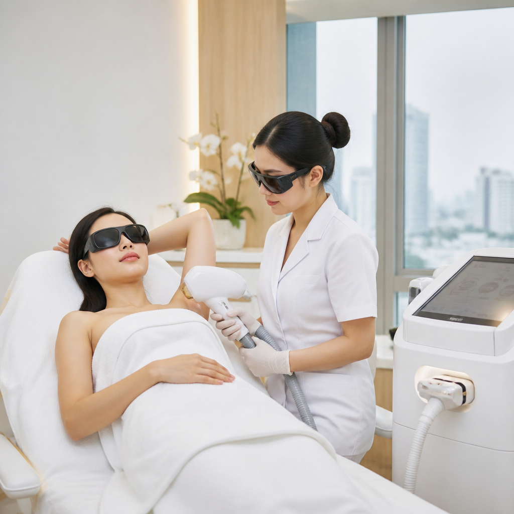 Không gian phòng triệt lông tại một thẩm mỹ viện hiện đại, sạch sẽ, với máy móc công nghệ cao