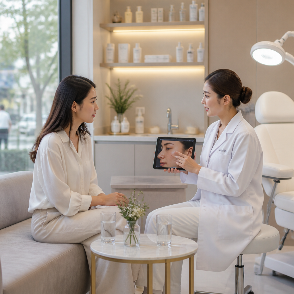 Chuyên gia thẩm mỹ tại Thu Lâm đang giải thích về quy trình triệt lông vĩnh viễn cho khách hàng