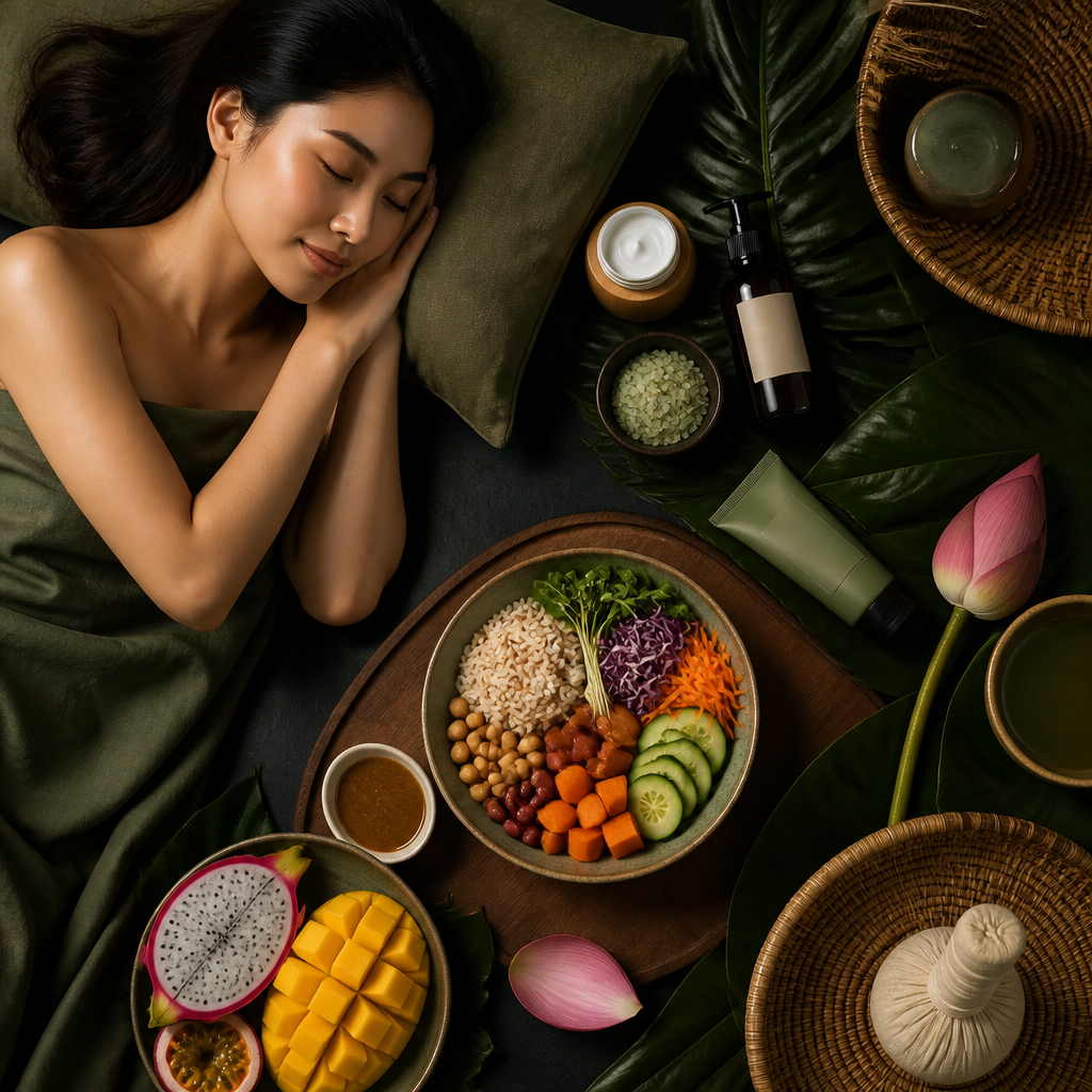 Một mâm cơm đầy đủ dinh dưỡng với rau xanh, thịt cá và trái cây, cùng hình ảnh một người phụ nữ đang ngủ say, minh họa cho tầm quan trọng của dinh dưỡng và giấc ngủ đối với sắc đẹp.