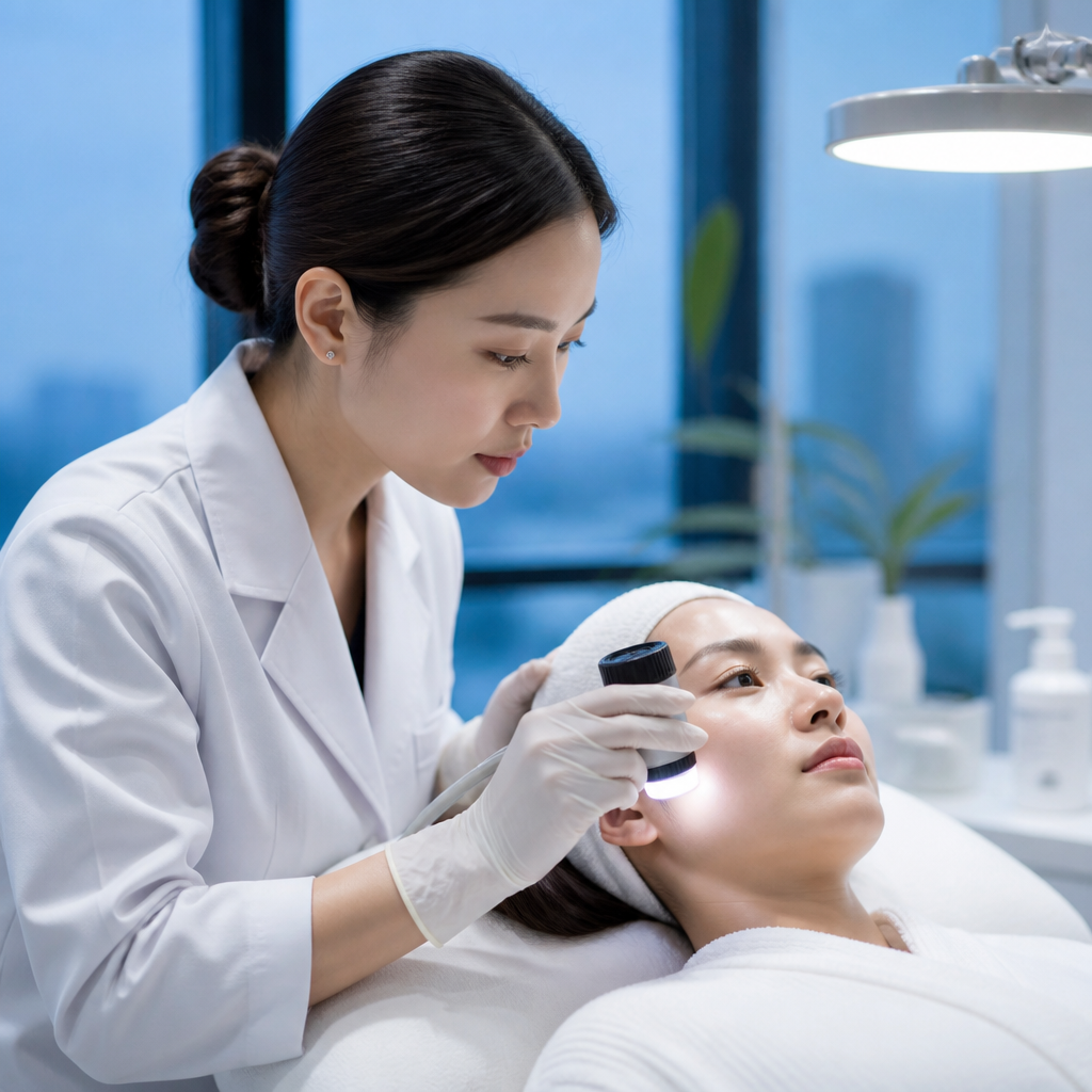 Chuyên gia da liễu đang sử dụng thiết bị chuyên dụng để kiểm tra da mặt cho bệnh nhân, nhấn mạnh tầm quan trọng của việc chẩn đoán da bằng AI và xử lý các vấn đề da chuyên nghiệp.