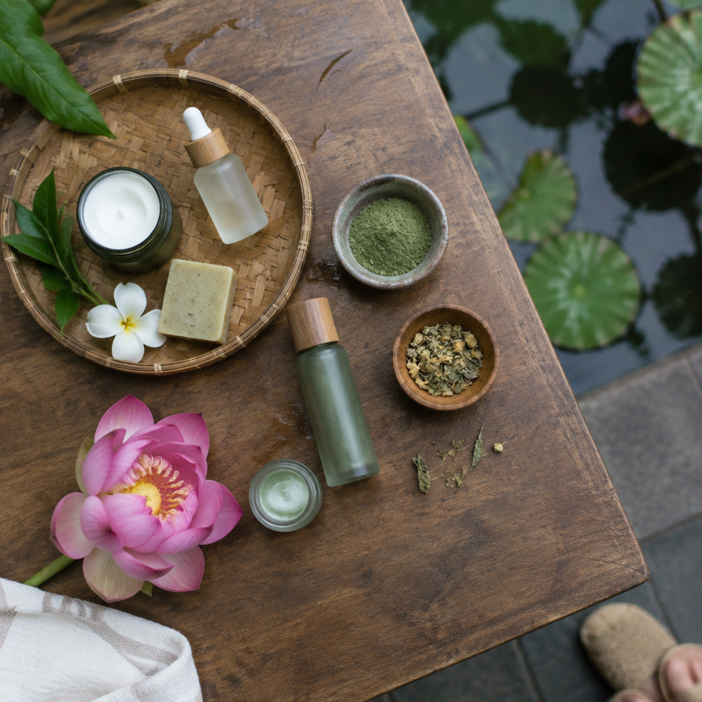 Khu vực trưng bày các sản phẩm mỹ phẩm thiên nhiên và hữu cơ tại spa Thu Lâm