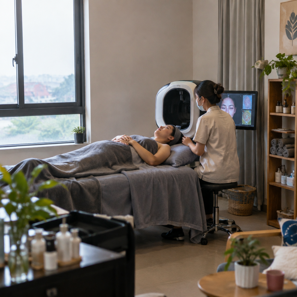 Khách hàng trải nghiệm quy trình chẩn đoán da bằng AI tại Thẩm Mỹ Thu Lâm